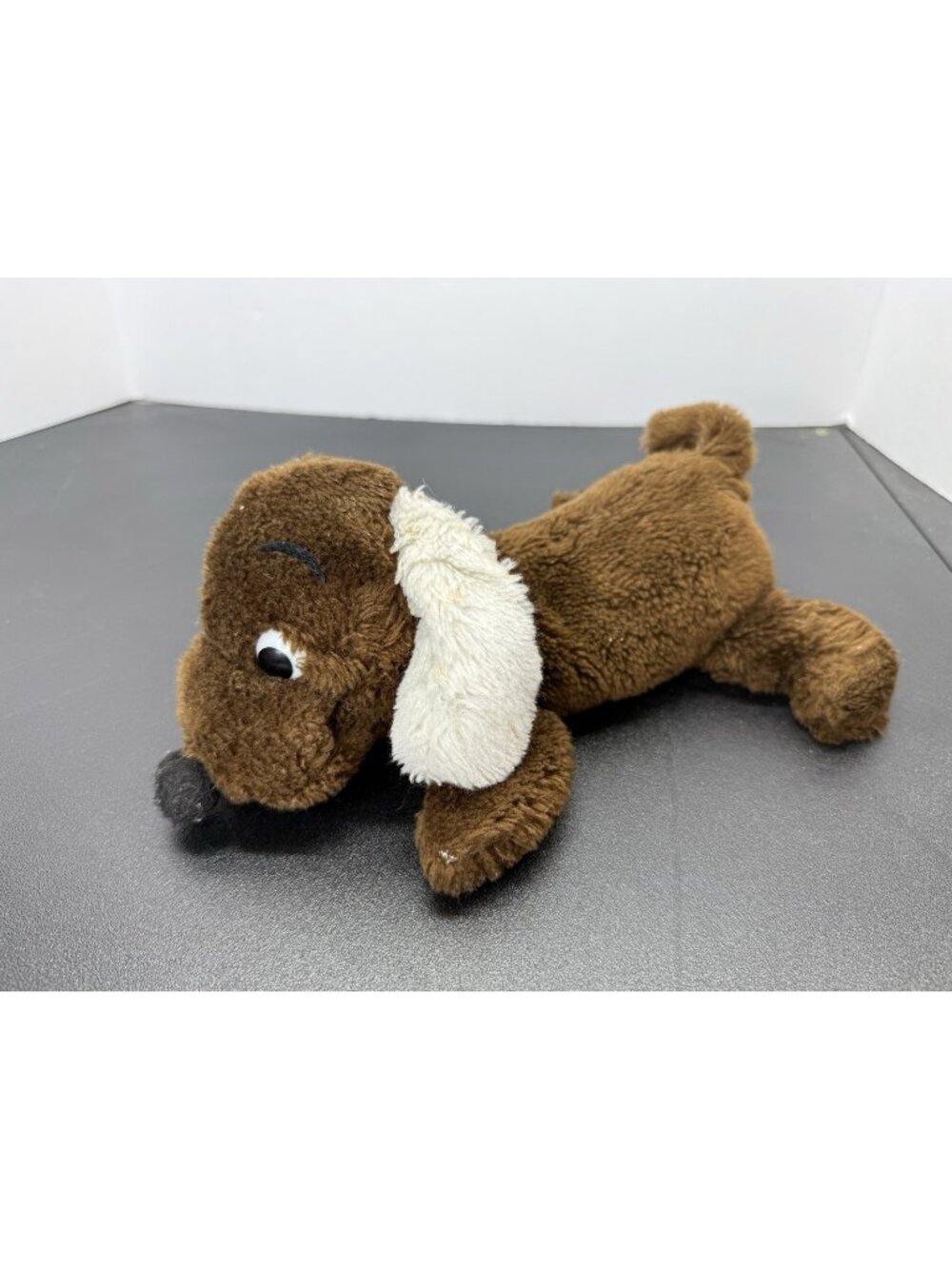 Vintage 1973 Dakin Drooper Dog Dark Brown Plush White Ears Stuffed Animal Korea